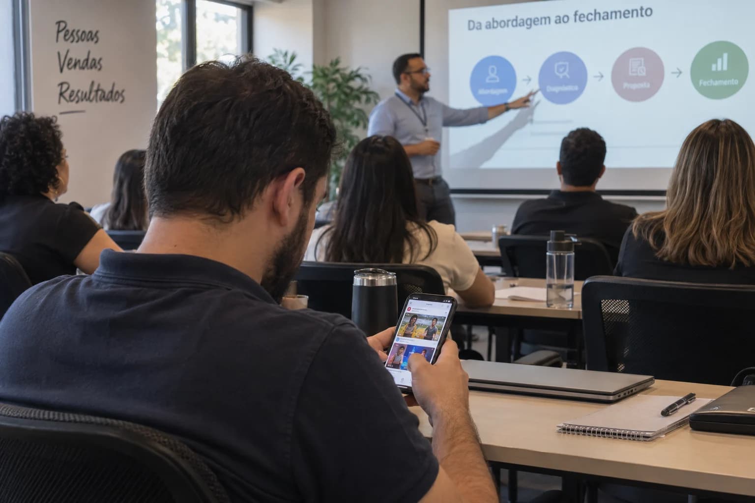 Participante olha redes sociais no celular enquanto o instrutor explica na sala de treinamento.